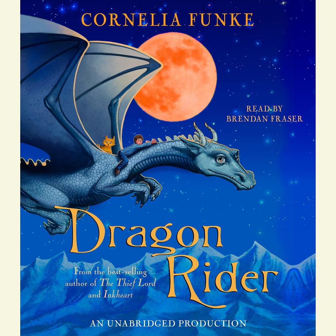 book cover shows silver dragon in flight with boy and cat looking Brownie riding on top. 