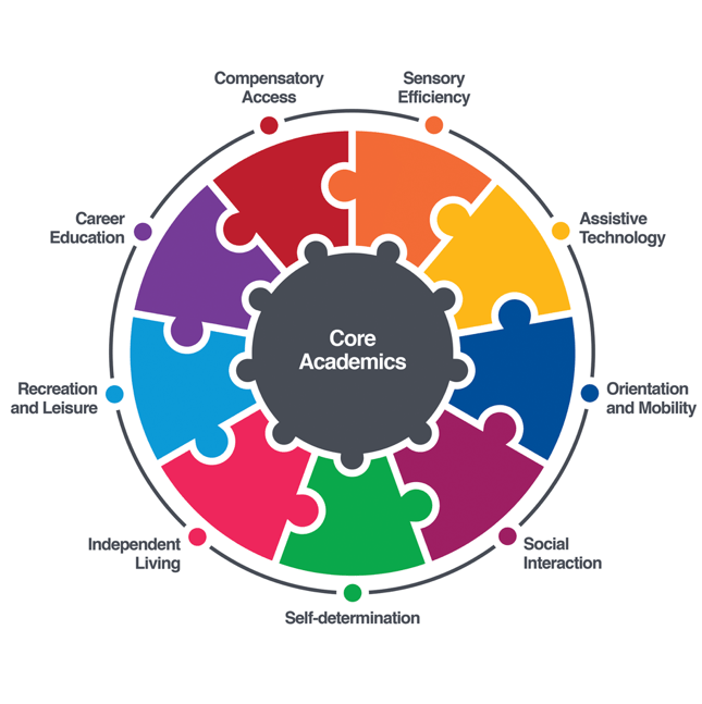 Puzzle shaped like a globe shows the nine areas of the Expanded Core Curriculum surrounding the center labeled "core academics". The areas are: sensory efficiency, compensatory access, orientation and mobility, assistive technology, recreation and leisure, social interaction, career education, independent living, and self-determination.