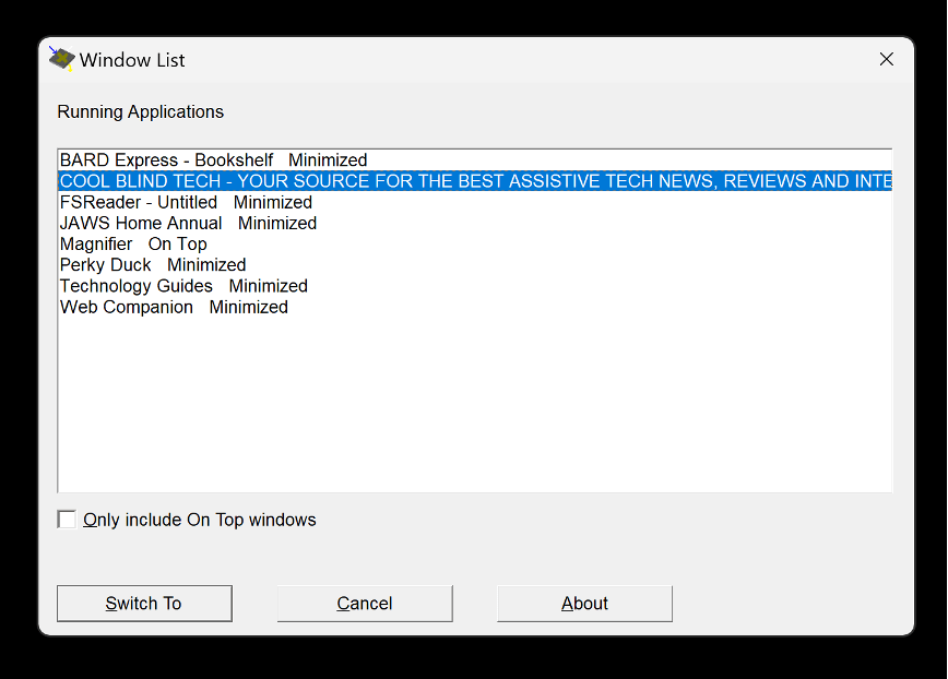 Screenshot showing virtual viewer list of running applications