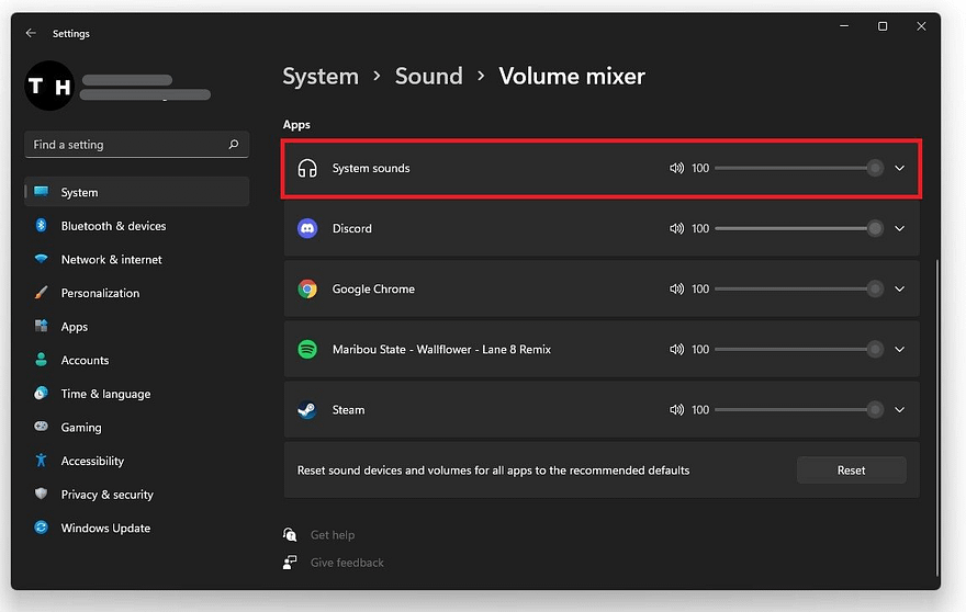 Screen shot of the Windows 11 volume mixer. The top slider, system sounds, is highlighted.