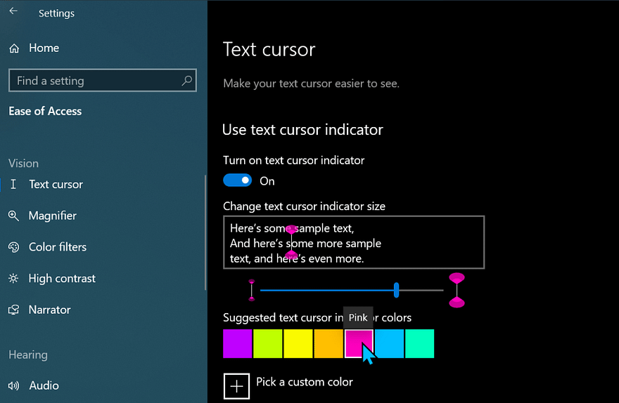 Ease of access panel, text cursor display settings in windows menu