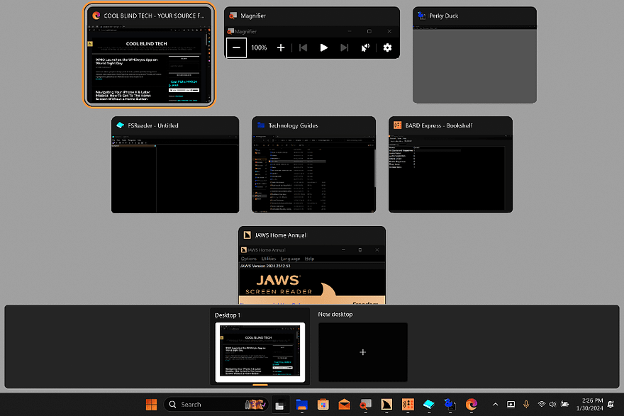 Screenshot showing list of running apps with miniature pictures of each open window displayed horizontally