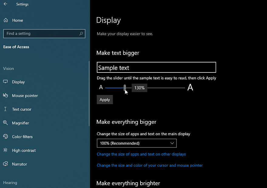 Ease of Access panel, Display settings in windows menu