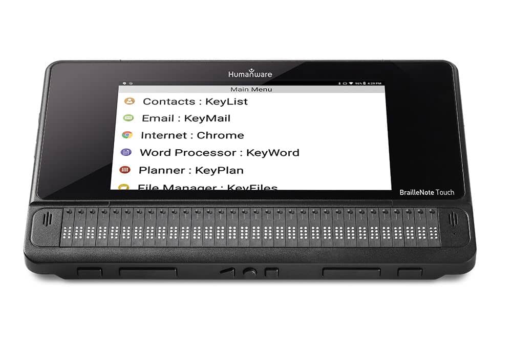 BrailleNote Touch Plus device shown from front. Screen shows main menu items: contacts, email, internet, word processor, planner, file manager.